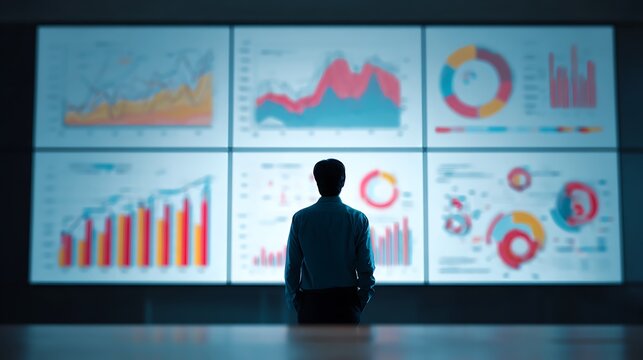Awesome photo of man analyzing financial data on large digital dashboard with multiple charts and graphs. - Powered by Adobe