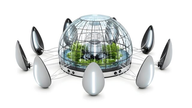 Futuristic dome shaped structure with metallic components and greenery inside - Powered by Adobe