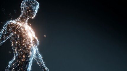 Awesome photo of cybernetic Human Female Form with Glowing Network Nodes and Digital Connections on Dark Background.