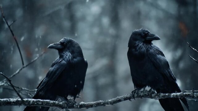 Two dark ravens perched on a snow-dusted branch in a misty, cold forest, watchful and still at dusk