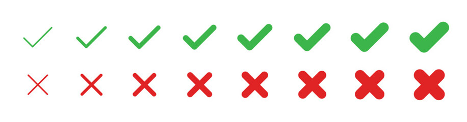 Green Approval and Red Rejection icon set in various thicknesses