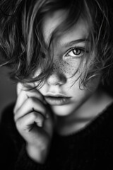 Obraz premium Expressive black and white portrait of a young girl with freckles and messy hair, resting her face on her hand, captured in dramatic light and soft focus.