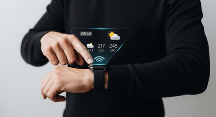 Man interacting with futuristic smartwatch showing weather forecast and digital interface.