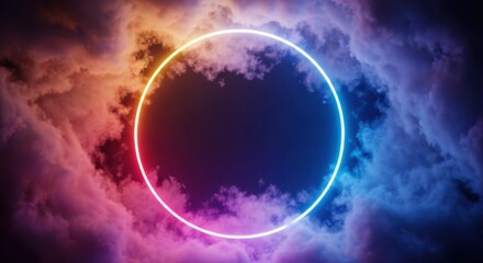 A glowing neon circle hovers in a dramatic, colorful cloud formation, creating a mystical and ethereal atmosphere with vibrant hues