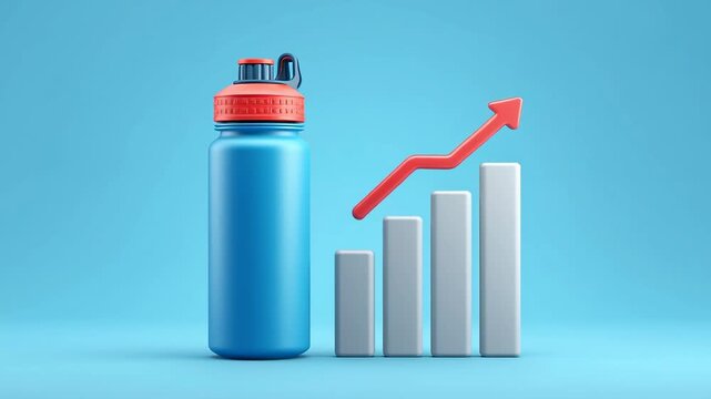 A blue water bottle next to a bar chart with an upward trend on a light blue background.