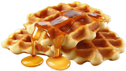 Stacked golden waffles dripping with sweet, glistening syrup