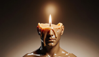 Candle wax human head melting, abstract concept. 