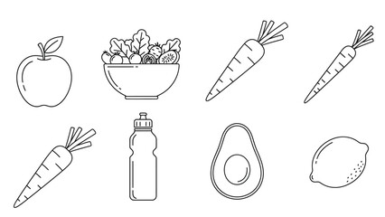 Outline icons set of fresh healthy food including fruits vegetables and a water bottle for diet planning