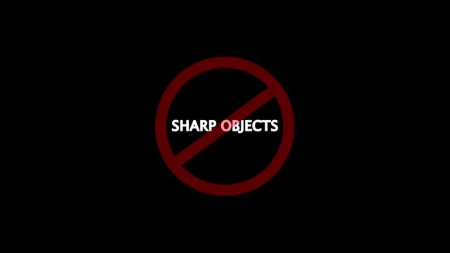 A circular red and black no sharp objects text icon animation. stop, not allowed and ban concept animation on black background. 4k video