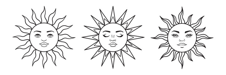 Mystical sun face with celestial rays in vintage boho style. Vector line art illustration perfect for esoteric tattoo designs, tarot cards, and astrology-themed graphics.