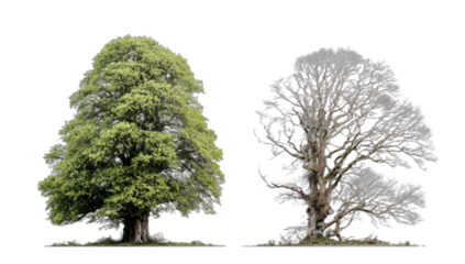 Two trees side-by-side, one leafy green, the other bare and brown