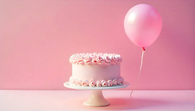  two-tier pink cake with a single pink balloon nearby on a light pink background, 8k image