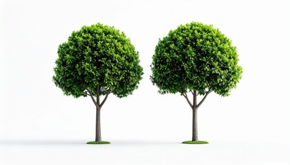 Two lush green trees with full rounded canopies standing side by side on grassy patches against white background.