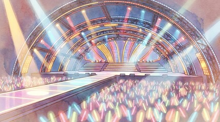 サイバー未来型デジタルステージ舞台歌番組風背景とサイリウムの観客席	
