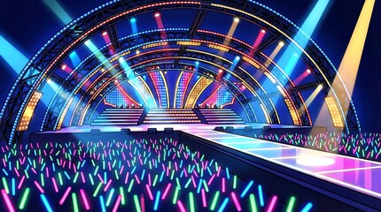 サイバー未来型デジタルステージ舞台歌番組風背景とサイリウムの観客席	
