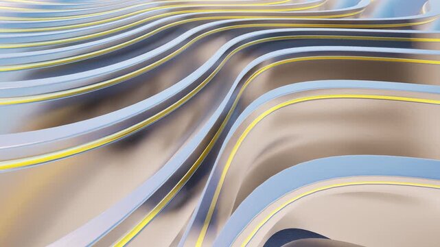 Abstract metal waves flow in gold and silver tones showcases fluid curves with holographic gradients and smooth metallic texture modern tech design 4k