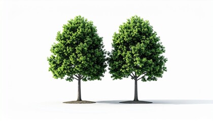 Two lush green trees with full rounded canopies standing side by side on grassy patches against white background.