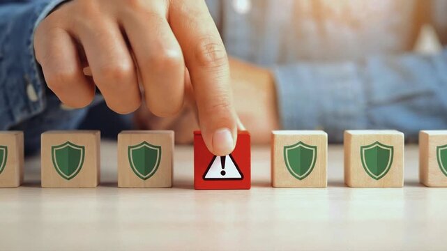 Hand selecting a red warning block with an exclamation mark from a row of green shield icons. Conceptual footage of identifying a security breach, system error, or vulnerability in a protected network