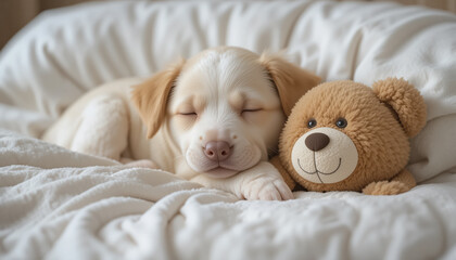 Puppy and teddy bear toy sleeps together in the bed at home. 