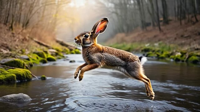 Wild Brown Hare Jumping Over a Flowing River in a Mossy Forest, Dynamic Action Shot of Wildlife in Natural Habitat, Spring Woodland Scene