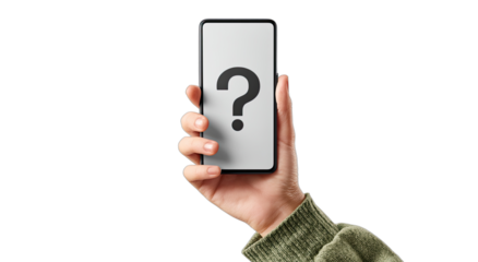 Hand holding a smartphone with a question mark on its screen