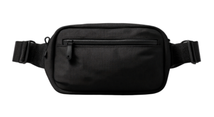 A black fabric waist bag with a zippered front pocket on a black background