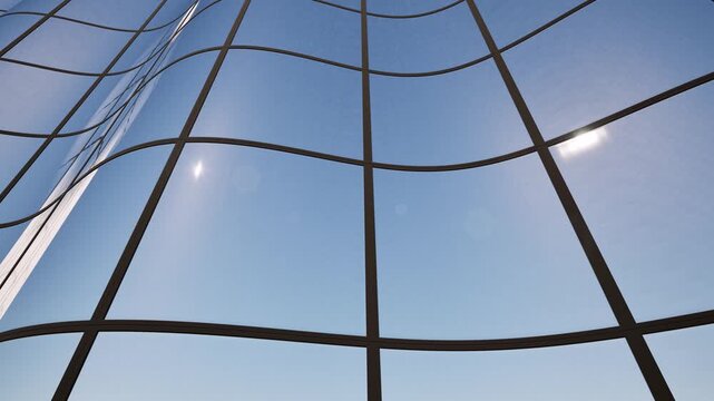 Modern curved building with glass facade and sleek windows creates striking architectural silhouette against blue sky in contemporary business district 4k