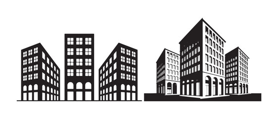 Set of various cityscape silhouettes featuring modern and classic multi-story apartment buildings