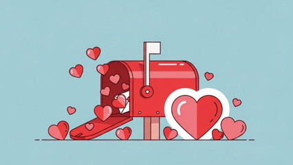 Red mailbox with hearts spilling out on light blue background, symbolizing love letters and affectionate correspondence