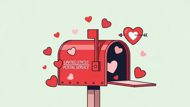 Red mailbox with hearts, valentine's day theme, usps, love letters, heart arrow