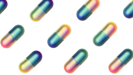 Iridescent capsules arranged in a scattered pattern on a dark background