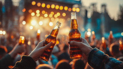 People cheering with beer bottles at outdoor festival concert