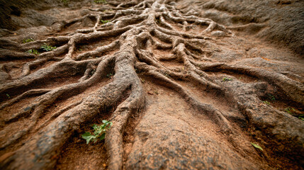 Tree roots spreading across dry brown earth