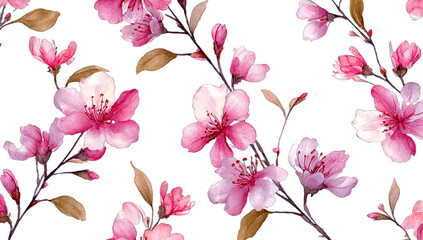 Delicate pink blossoms adorn dark branches, creating a beautiful floral pattern