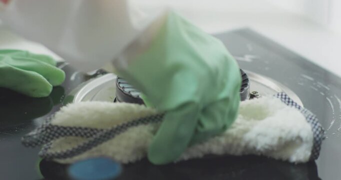 Clean your range hood, wipe the stove, and wash the dishcloth.