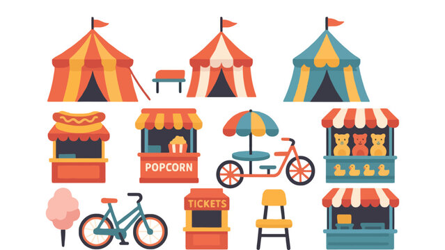 Colorful carnival illustration with tents, food stands, and rides for kids - Powered by Adobe
