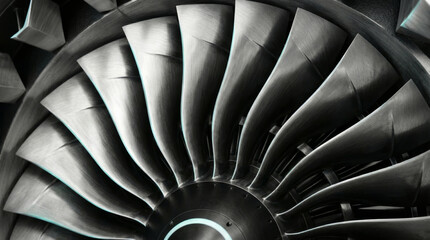 A close-up, abstract view of the brushed metal blades of a jet engine or industrial turbine fan, highlighting the aerodynamic curved design and heavy steel texture.