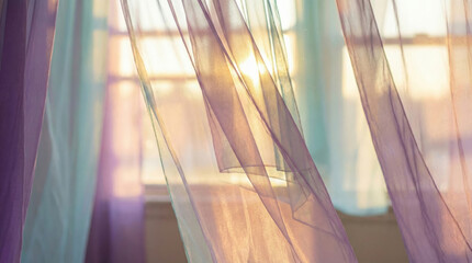 A close-up view of translucent, multicolored sheer fabric curtains blowing gently in the breeze. Warm sunlight streams through a window in the background, creating a soft, airy.
