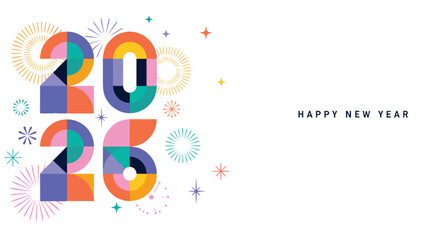 Obraz premium Happy New Year 2026 colorful celebration graphic with fireworks and confetti
