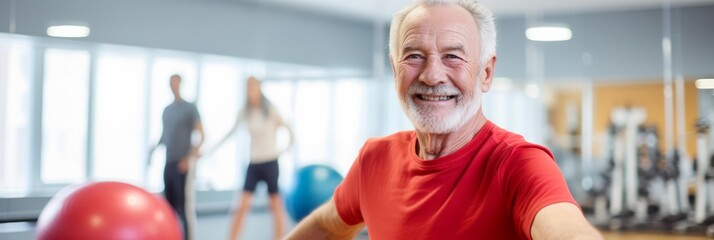 old aged senior man doing sports in a gymnastics studio