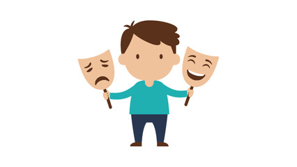 Cartoon boy holding comedy and tragedy masks, symbolizing mixed emotions and feelings
