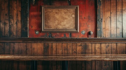 A blank picture frame hanging on the old textured wooden wall in a cosy old english or irish pub