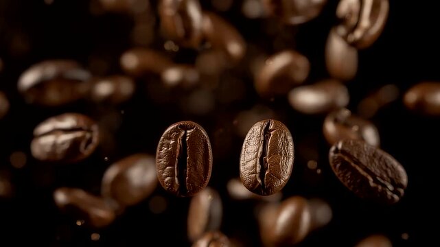 Rich roasted coffee beans floating in warm dark light with aromatic texture, premium caffeine concept for brewing, freshness and flavor