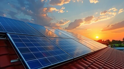 Renewable energy with solar panels on the roof for green energy production