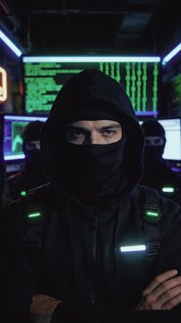 Vertical video of a masked hacker standing with arms crossed in a server room. Portrait of an anonymous cyber criminal group with coding screens in the background. Cyber security concept