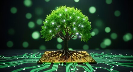 A lush green tree with glowing lights, rooted on a circuit board, symbolizing the fusion of nature and technology