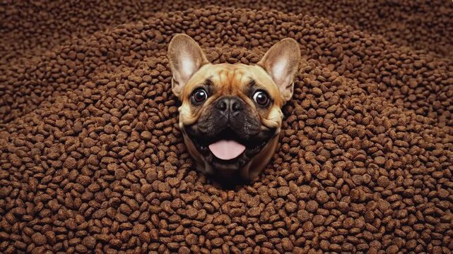 Funny French Bulldog head poking out of a massive pile of dry dog food. Cute pet dog buried in kibble looking surprised. Abundance and nutrition concept