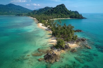 Fototapeta premium Panoramic aerial view shows a sandbar with palm trees between two bodies of beautiful turquoise water