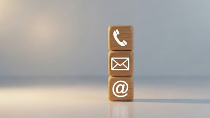 Wooden blocks stacked showing contact icons against a soft background.