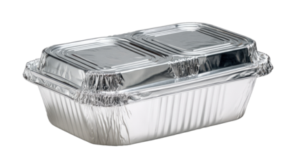 Rectangular foil container with clear plastic lid divided into two sections